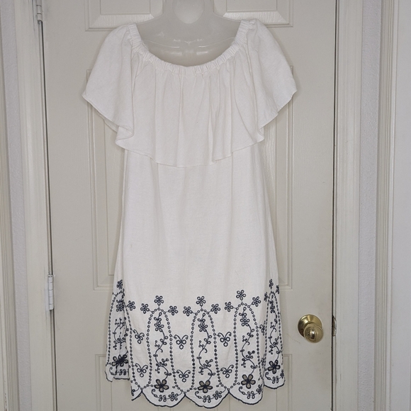 Linen Blend Embroidered Eyelet Floral Dress White M - Picture 3 of 14